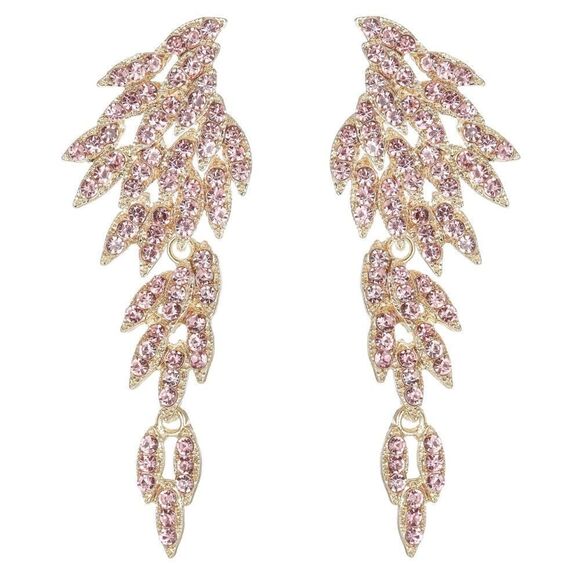 Yellow Gold with Pink Sapphire Crystal Angel Wing Statement Chandelier Earrings - Picture 1 of 5